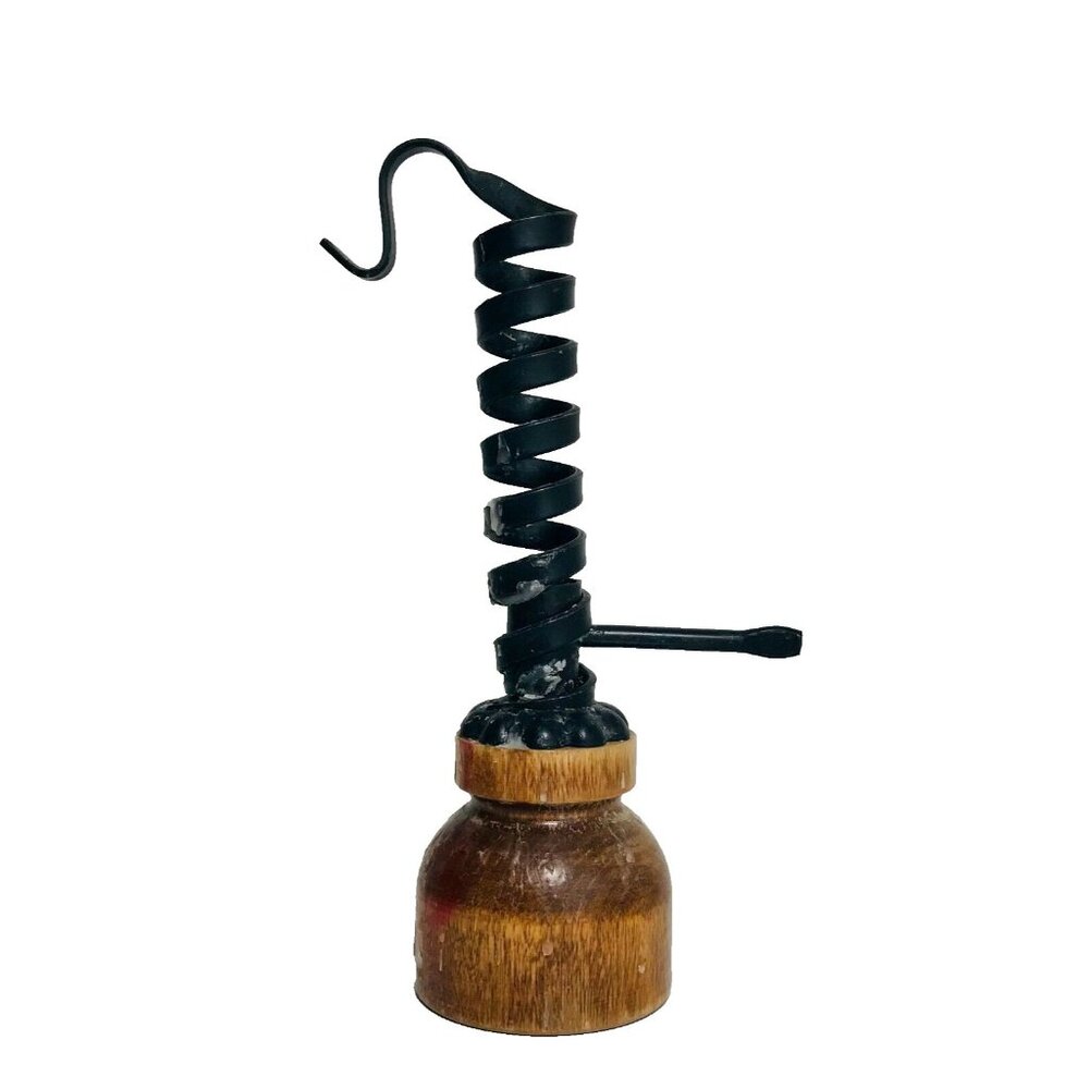Primitive Wrought Iron Courting Candle Spiral Candle Holder Wood Base 9" Antique - Picture 2 of 9